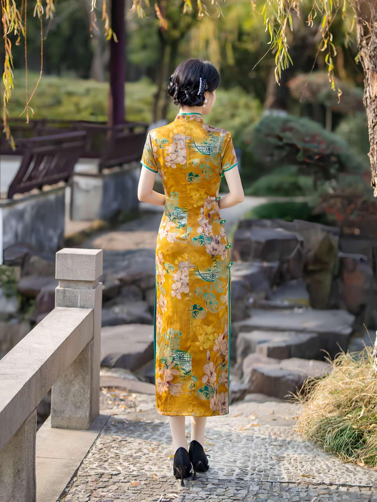 Vestido Qipao dorado, Cheongsam de seda vintage, Vestido de brocado amarillo, Vestido Formal Asiático, Atuendo para actos culturales, regalo