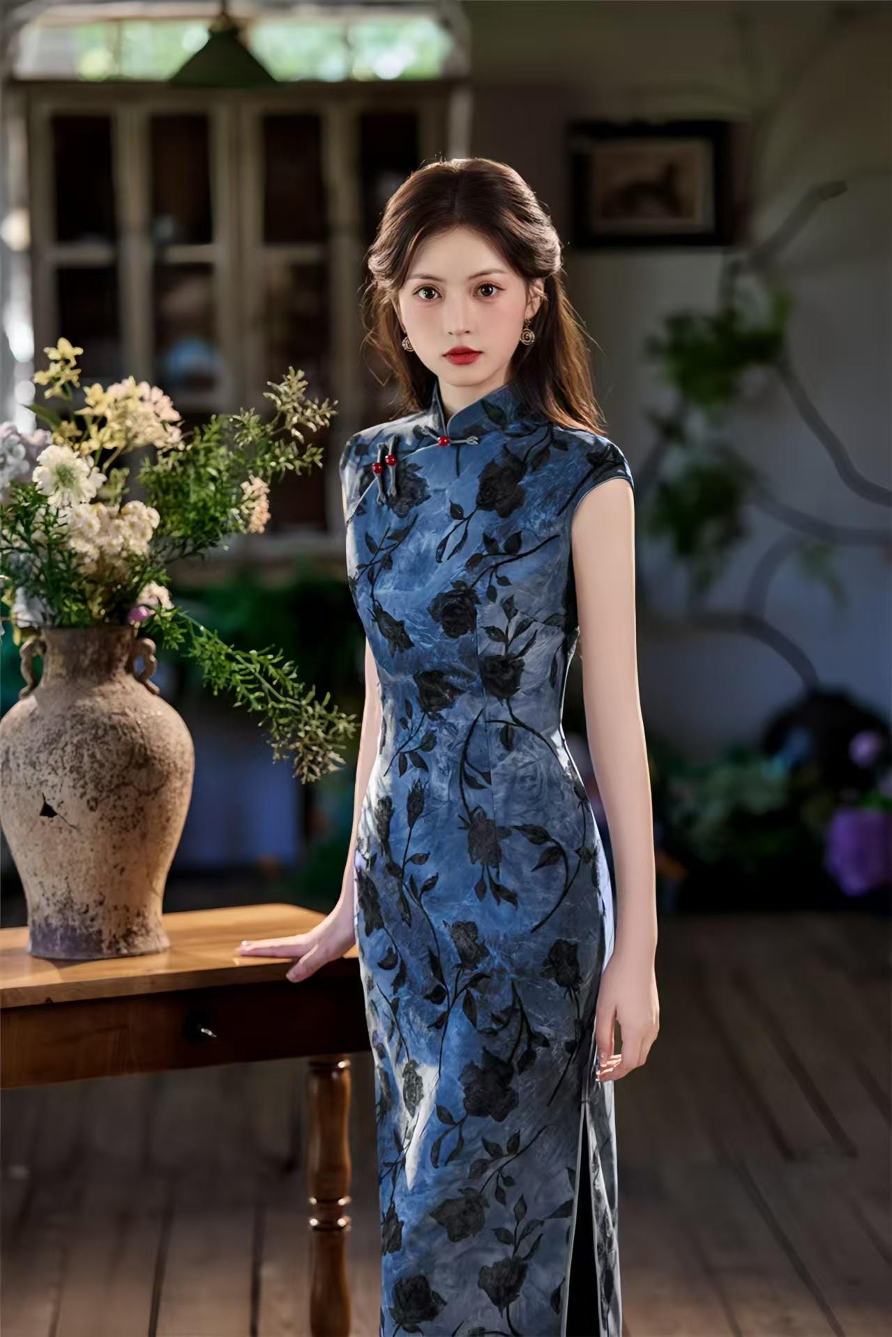 Vestido Qipao Chino Vintage, Maxi Cheongsam Floral Tie Dye,Noche con Cuello Mandarín Retro,Elegante Fiesta Estilo Asiático,Largo Tradicional