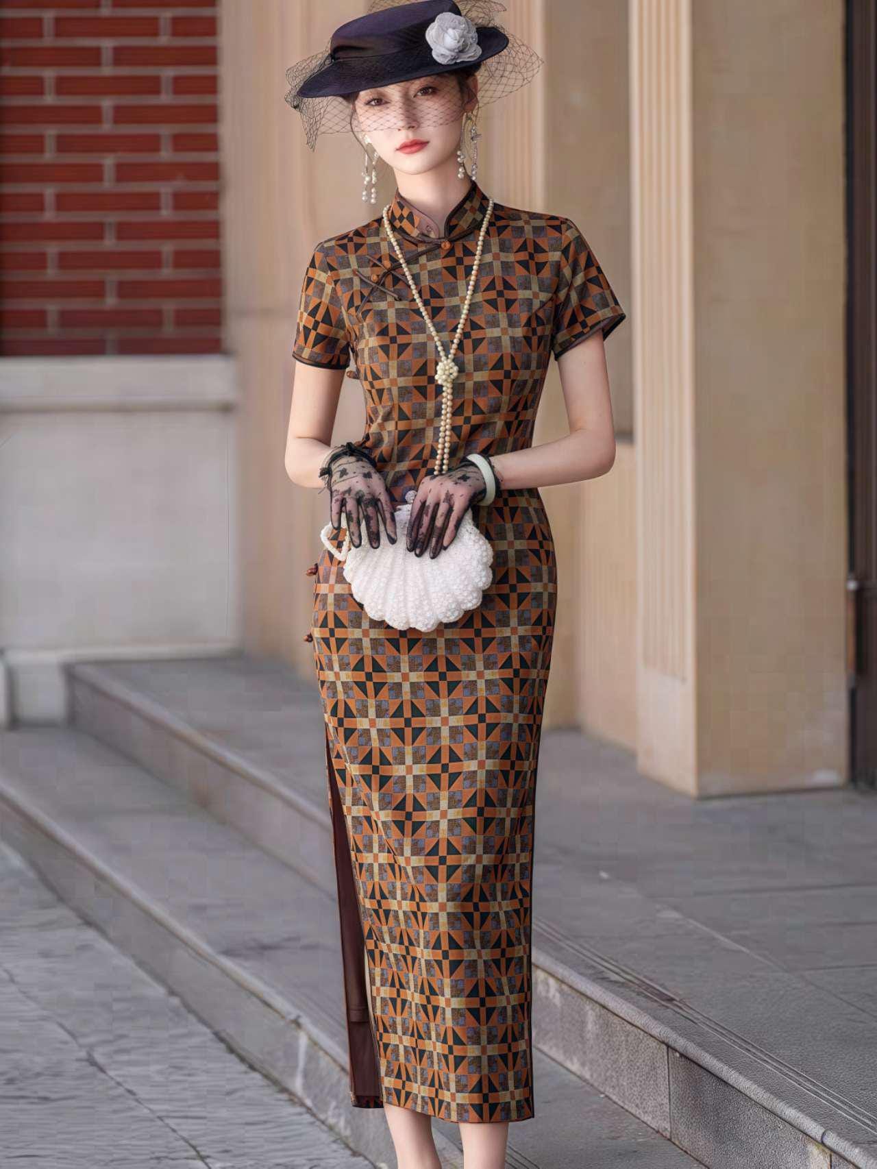 Vestido Qipao Vintage,Vestido Cheongsam Retro,Vestido de Raso Chino,Qipao Estilo Años 20,Cheongsam Estampado Geométrico,Vestido Chino Gatsby