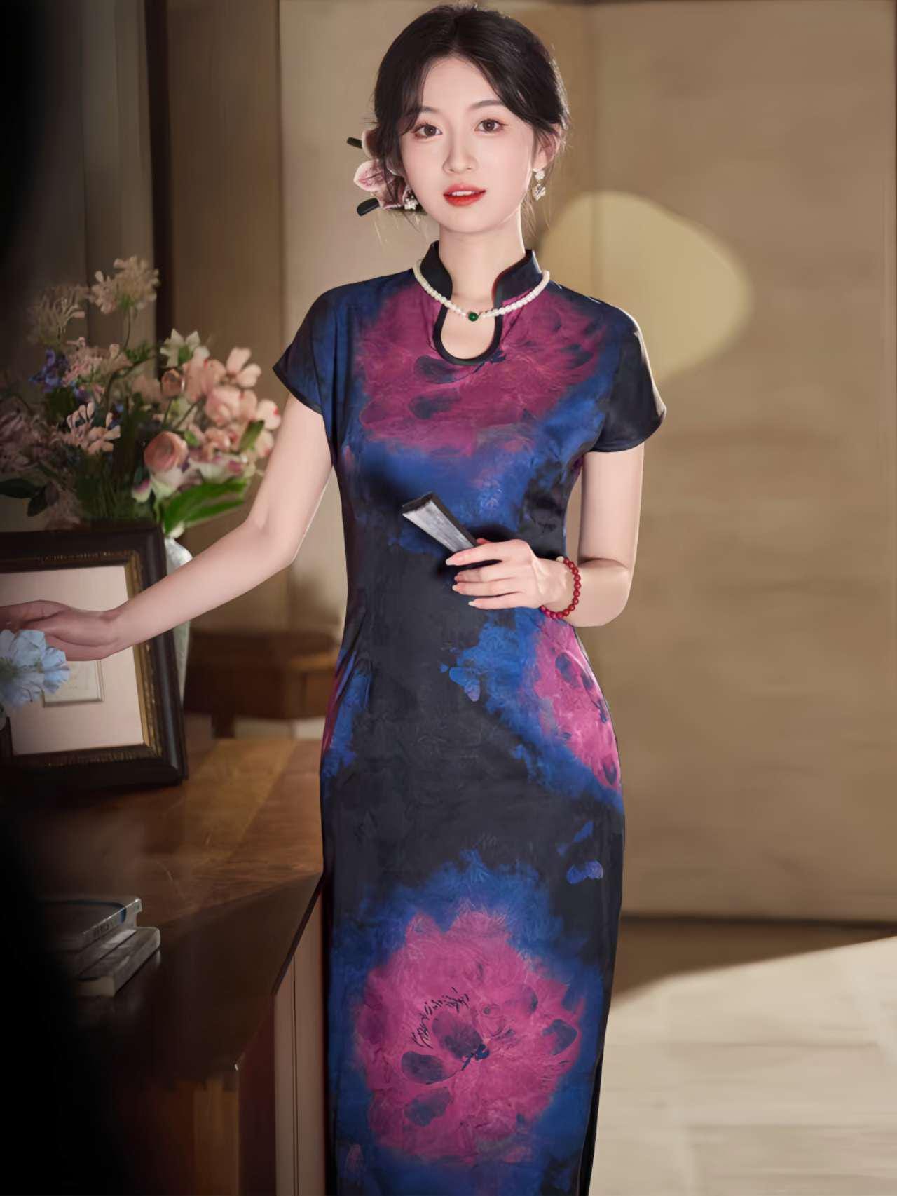 Qipao con Cuello de Gota de Agua, Cheongsam Vintage, Qipao con Aspecto de Seda Suave, Qipao Primavera Verano, Vestido Tradicional Chino