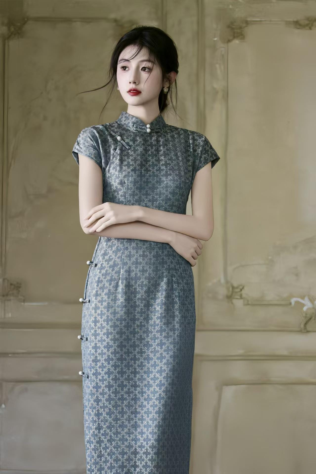 Jacquard Qipao Cheongsam, Elegant Mandarin Collar Dress, Vintage Chinese Dress, Slim Fit Party Dress, Blue Formal Dress, Gift
