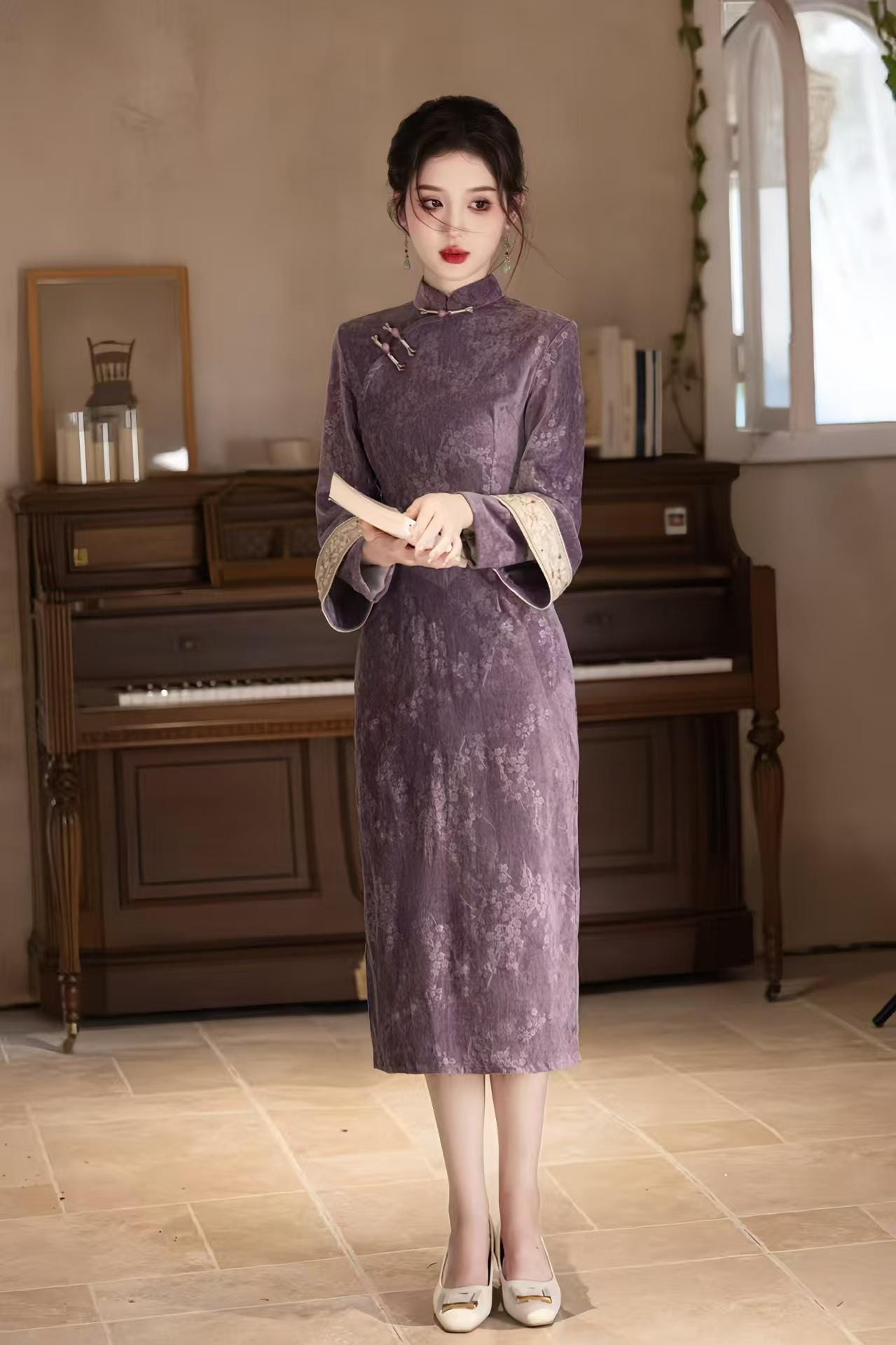 Purple Chenille Qipao, Plum Blossom Print Cheongsam, Vintage Chinese Dress, Elegant Oriental Dress, Luxury Retro Costume