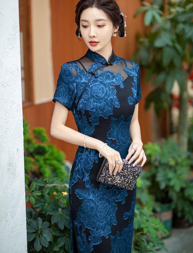 Vestido Qipao de encaje azul – Cheongsam con hombros transparentes – Vestido floral de fiesta  – Tallas grandes M-5XL
