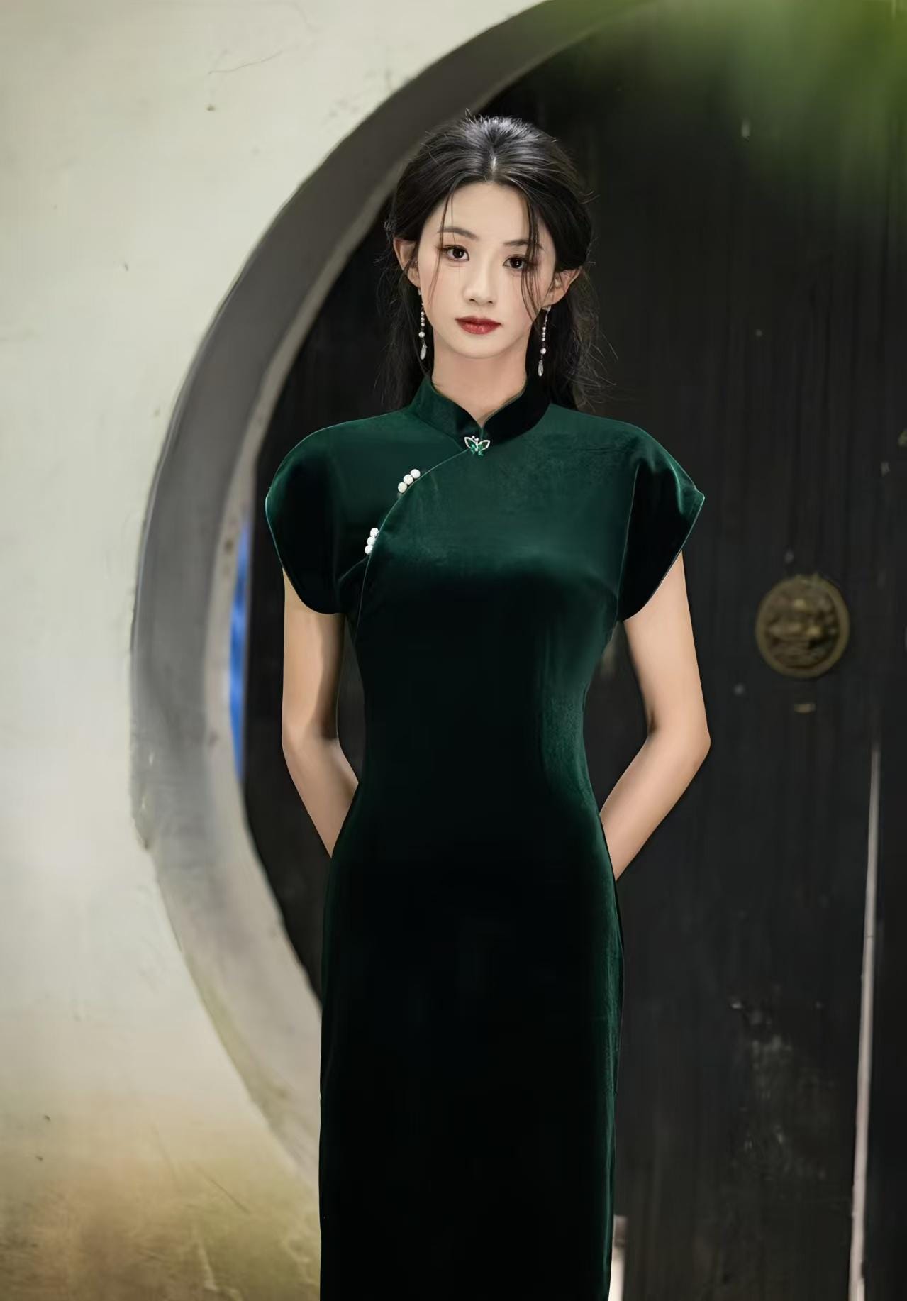 Vestido Qipao Terciopelo Verde, Elegante Vestido Cheongsam Midi, Lujoso Oriental, Minimalista Estilo Chino, Conjunto Fiesta Otoño Invierno