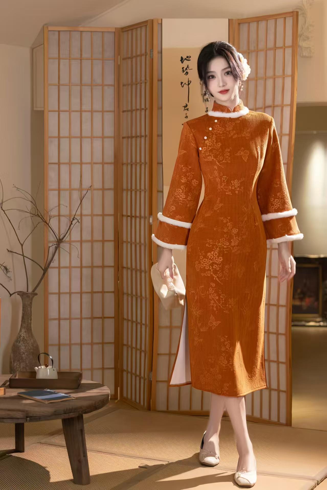 Floral Print Velvet Qipao, Warm Autumn Dress Long Sleeve, Pearl Frog Buttons, Orange Winter Cheongsam, Traditional Chinese, Gift