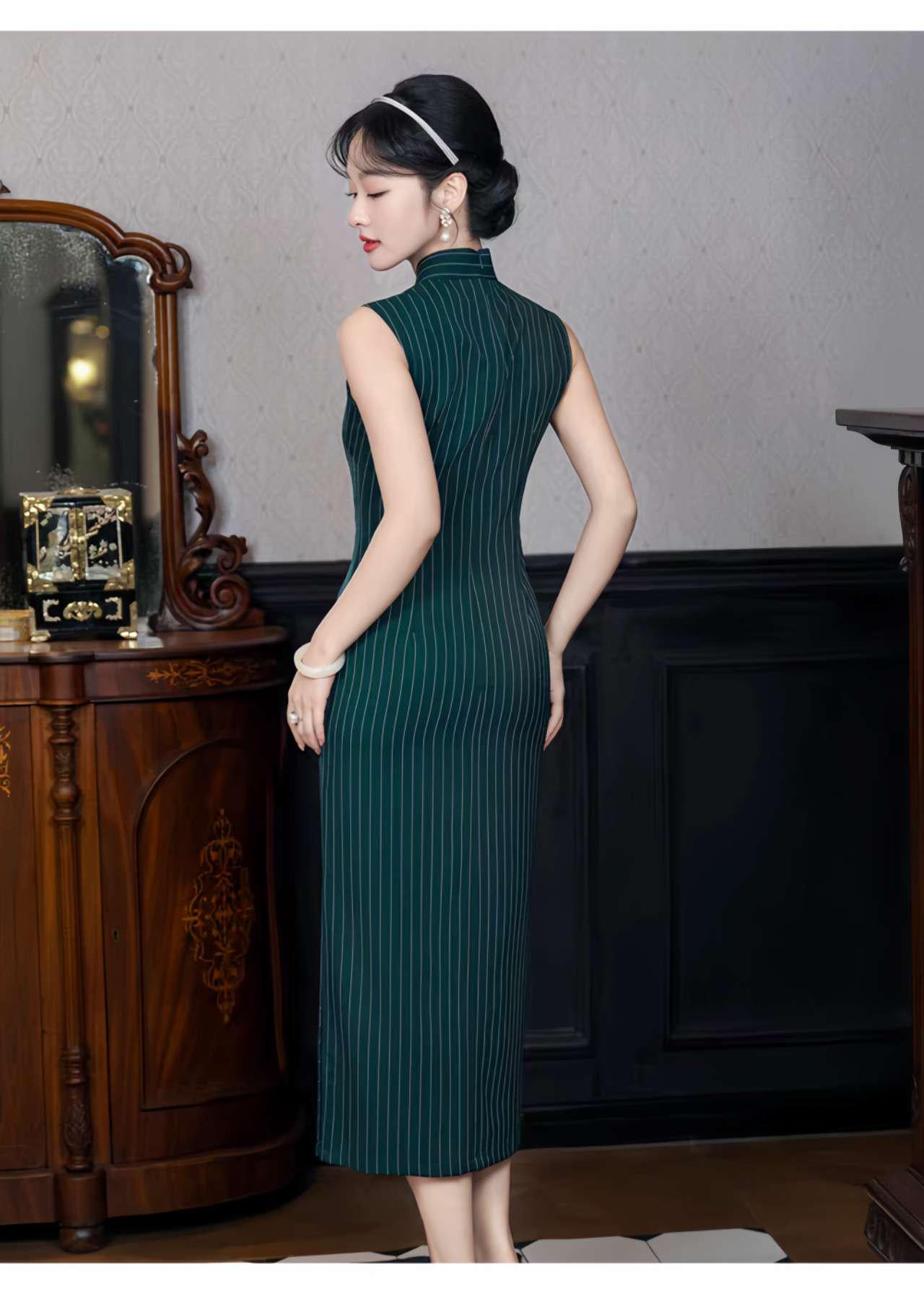 Vestido Qipao Verde Oscuro, Cheongsam Sin Mangas, Vestido Chino Retro a Rayas, Elegante Qipao para Oficina, Vestido Oriental Minimalista