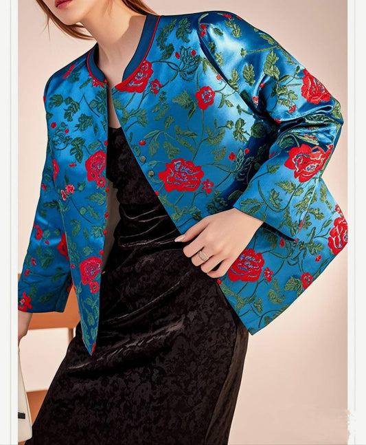 Chaqueta Tang de Brocado Chino | Abrigo Mandarín con Relieve Floral | Ropa Oriental Vintage | Moda Cultural Elegante