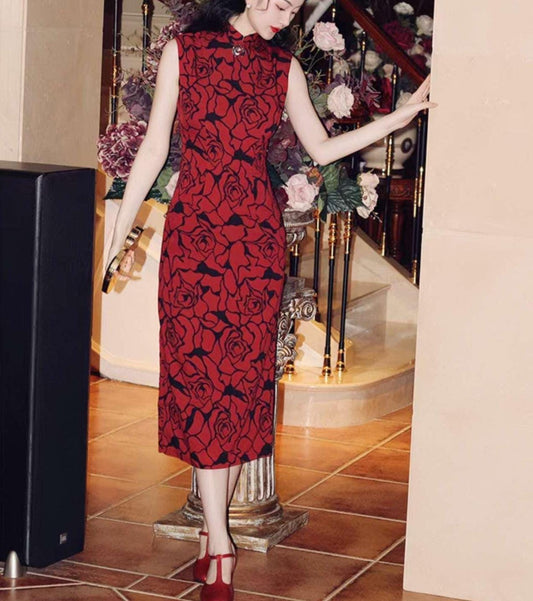 Vestido Cheongsam Rosa Roja, Vestido Qipao Chino Vintage, Vestido de invitada de boda, Vestido Midi,Vestido Estilo Shangai Años 30