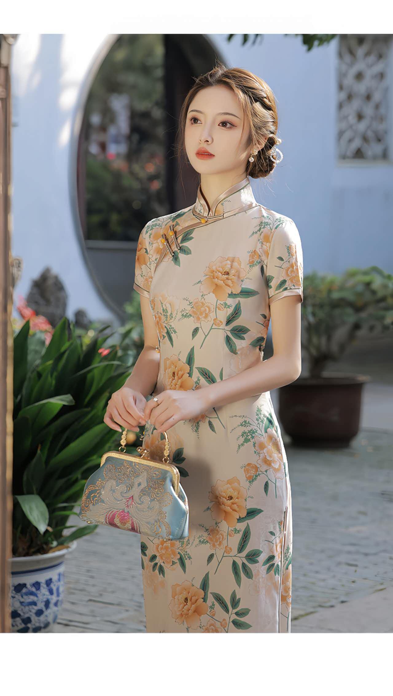 Vestido Qipao Floral, Cheongsam de Seda Suave, Vestido de Jardín de Verano, Vestido Vintage,Qipao de Peonía Amarilla,Vestido Oriental Ligero