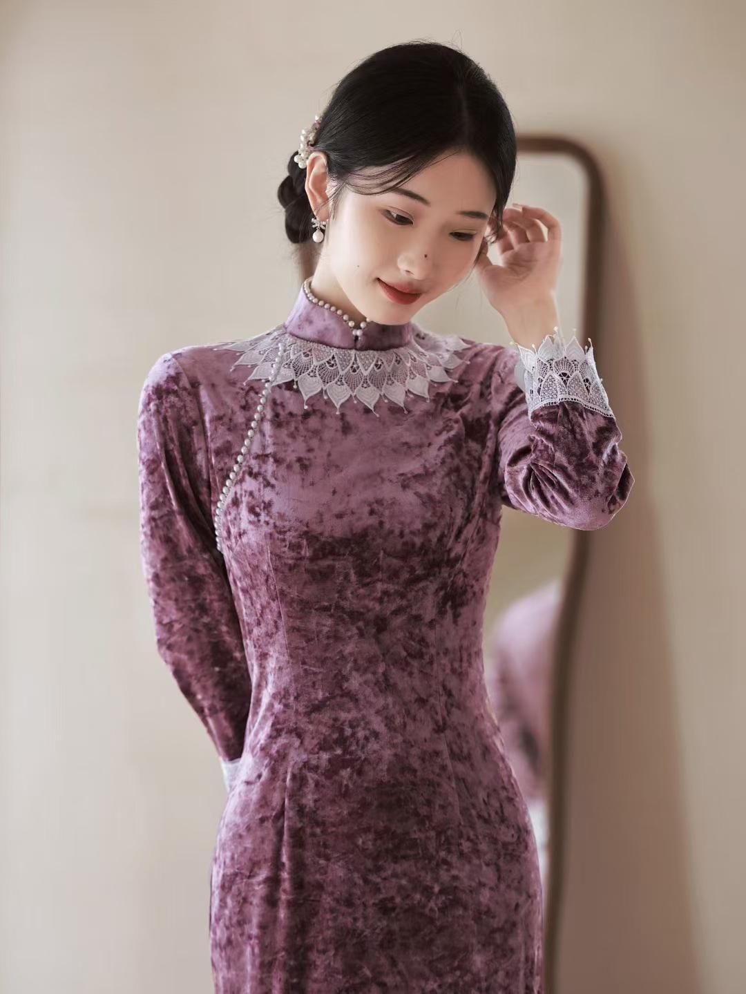 Vestido Qipao de Terciopelo, Vestido Cheongsam Verde Morado, Vestido de Noche Chino, Vestido Largo Tang Vintage,Traje Formal a Medida,regalo