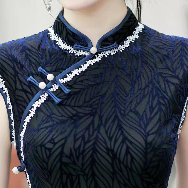 Vestido Qipao Hoja de Terciopelo, Cheongsam Chino Azul Oscuro, Vestido Oriental Vintage, Elegante Qipao de Fiesta, Qipao Retro Clásico