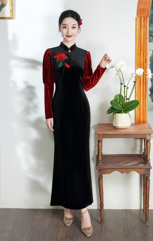 Mermaid Velvet Qipao, Chinese Wedding Cheongsam Dress, Elegant Mother of the Bride Dress, Autumn Party Outfit, Oriental Black Red