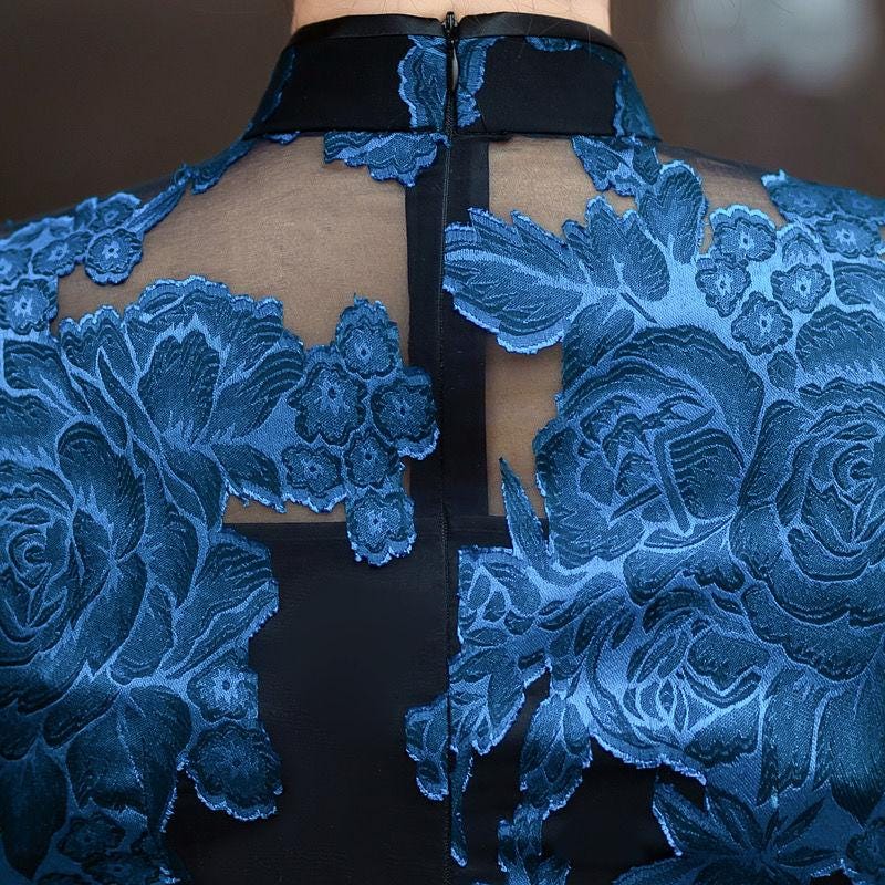 Blue Lace Qipao Dress – Sheer Shoulder Cheongsam – Floral Party Dress – Plus Size M-5XL