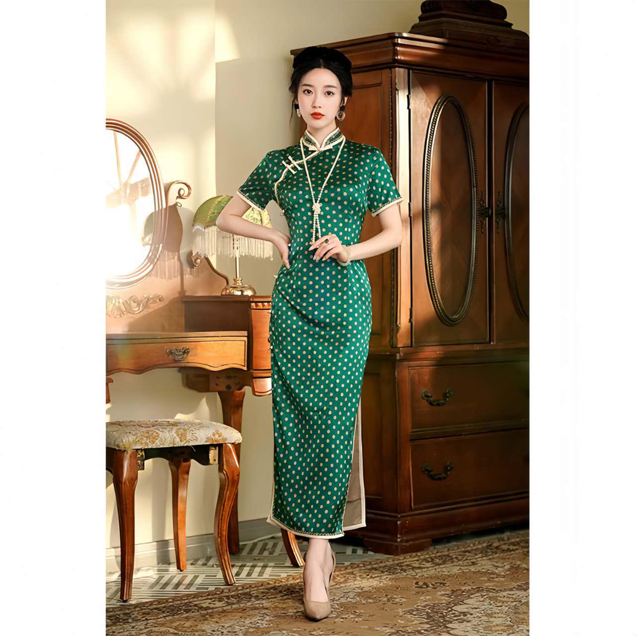 Vintage Polka Dot Qipao, French Style Cheongsam Dress, Retro Shanghai Tea Green Dress, Republic of China Period Fashion, Plus Size