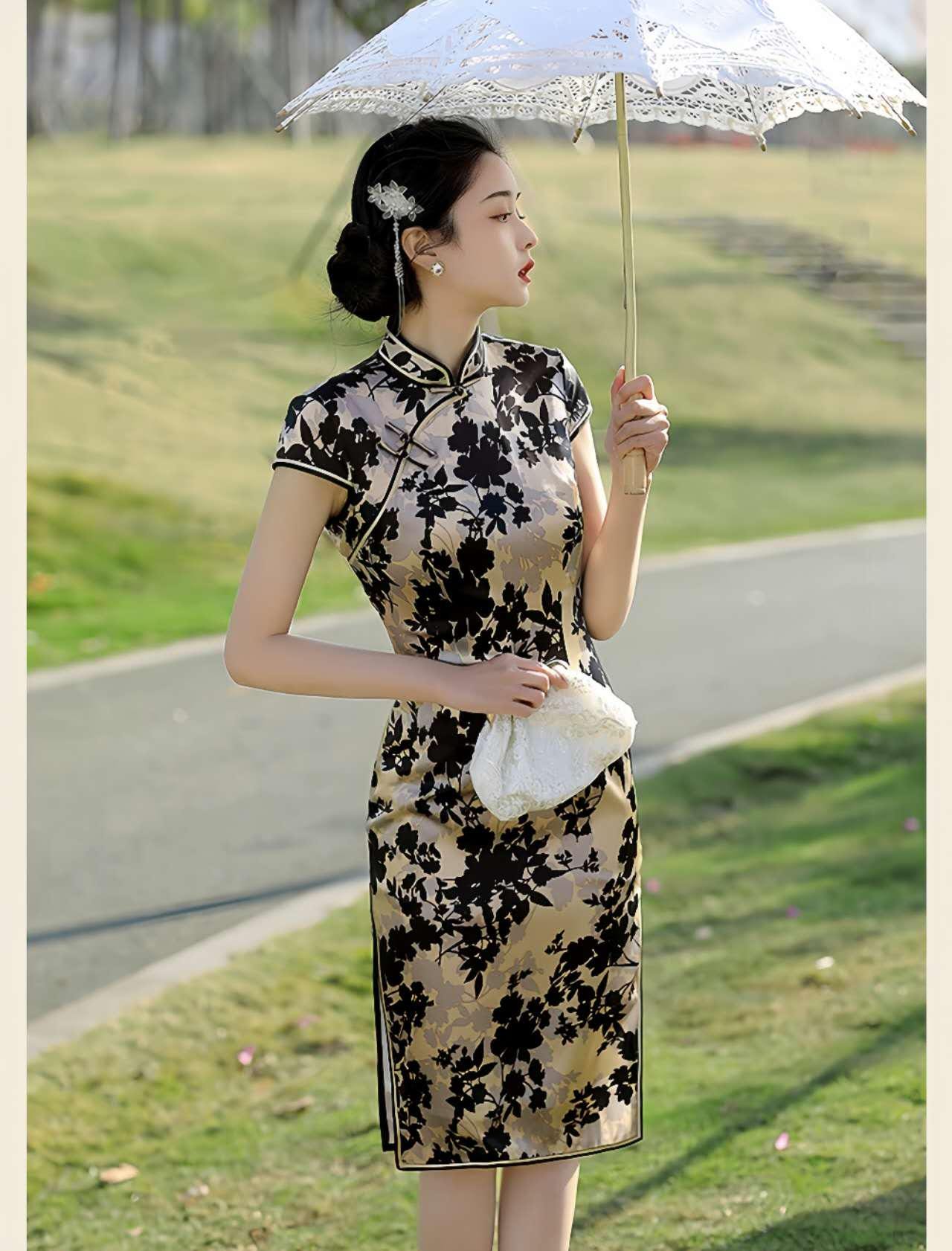 Vestido Qipao Vintage de Seda, Cheongsam Retro para Mujer,Vestido Negro y Dorado, Elegante Vestido Estilo Tang,Vestido para Ceremonia del Té