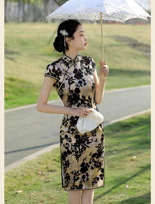 Vestido Qipao Vintage de Seda, Cheongsam Retro para Mujer,Vestido Negro y Dorado, Elegante Vestido Estilo Tang,Vestido para Ceremonia del Té