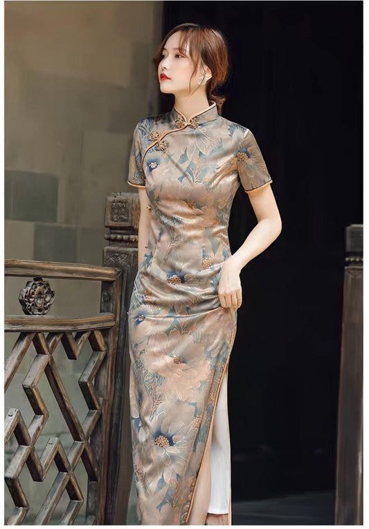 Cheongsam de seda vintage, Vestido Qipao para Ceremonia del Té, vestido de noche retro chino, vestido de cóctel oriental, regalo para ella
