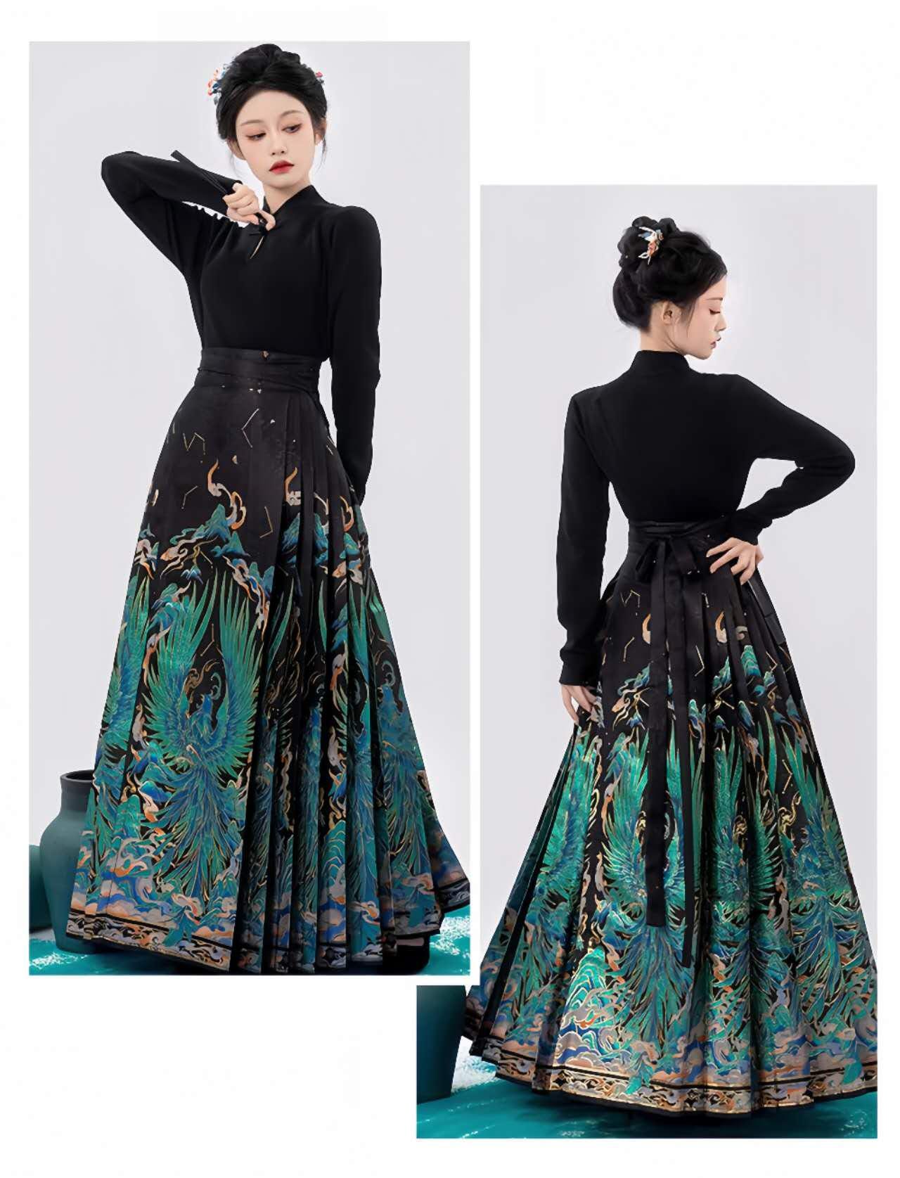 Falda Hanfu Pájaro Mítico, Maxi Falda China, Falda Plisada Cintura Alta, MaMianQun Estampada,Elegante Conjunto Festival,Hanfu Estilo Antiguo