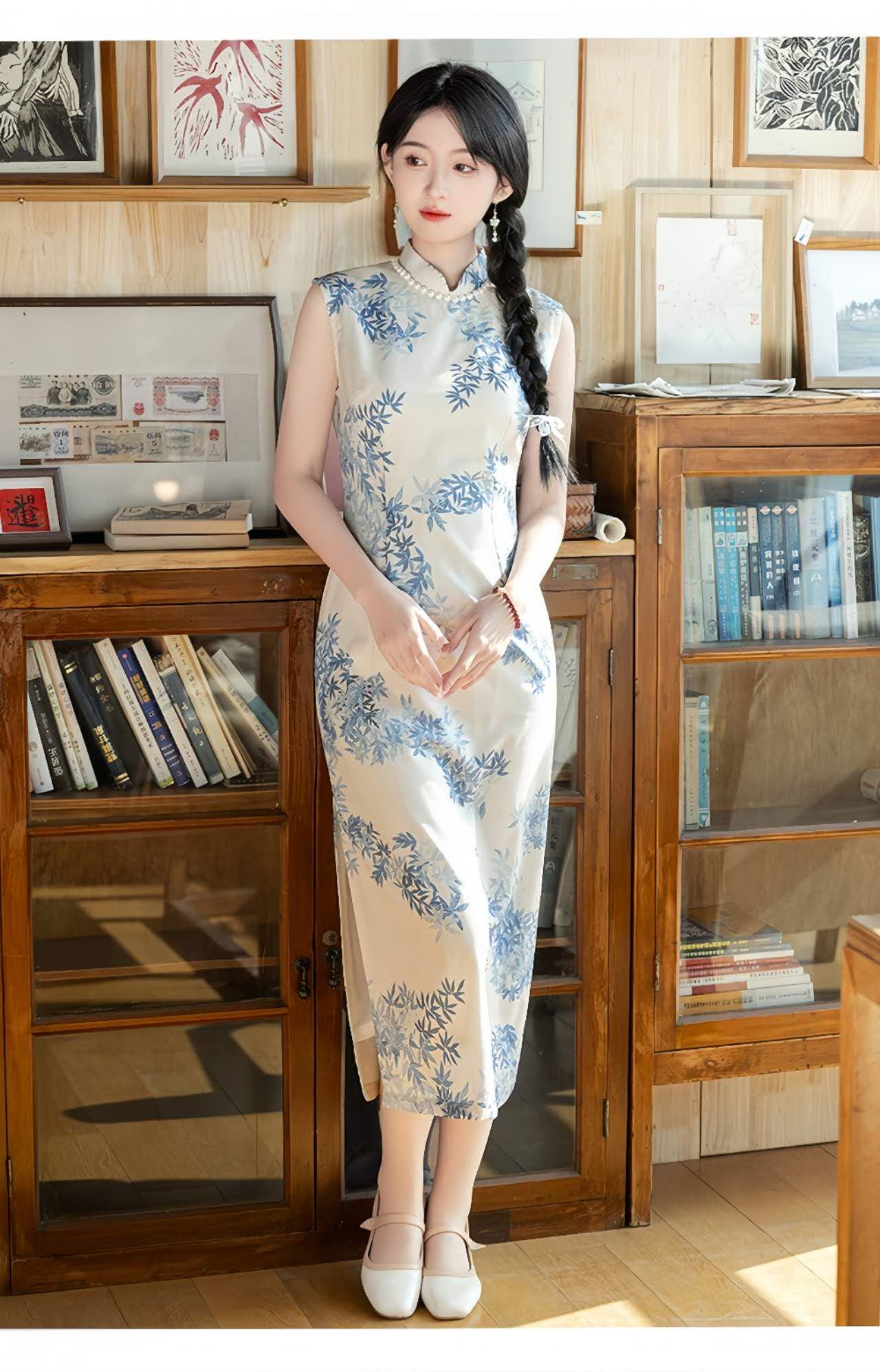 Lino de seda Vestido Cheongsam, Azul Blanco Bambú Qipao, Elegante Vestido de Té Chino, Clásico Estilo Oriental Librería,regalo para ella