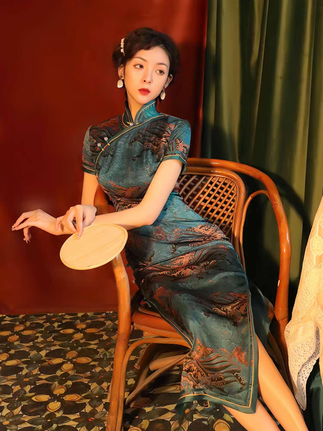 Vestido Qipao Brocado Dorado, Cheongsam Chino Vintage,Vestido Estilo Ópera China, Traje Antiguo de Shanghai,Vestido para Ceremonia del Té