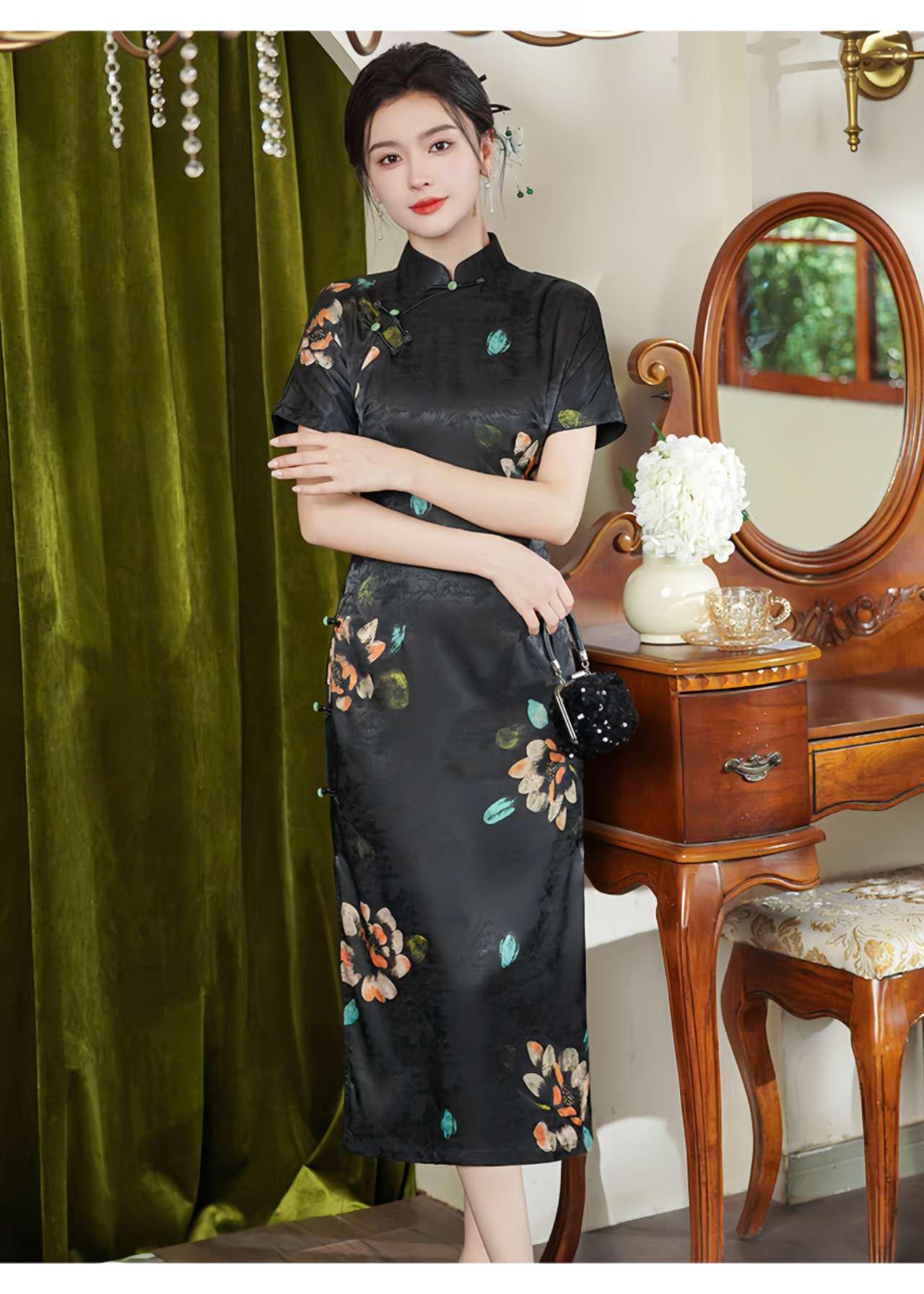 Qipao de jacquard negro, Vestido Cheongsam chino, Vestido Chino Vintage, tallas grandes M-4XL,Vestido para Ceremonia del Té,Regalo para ella