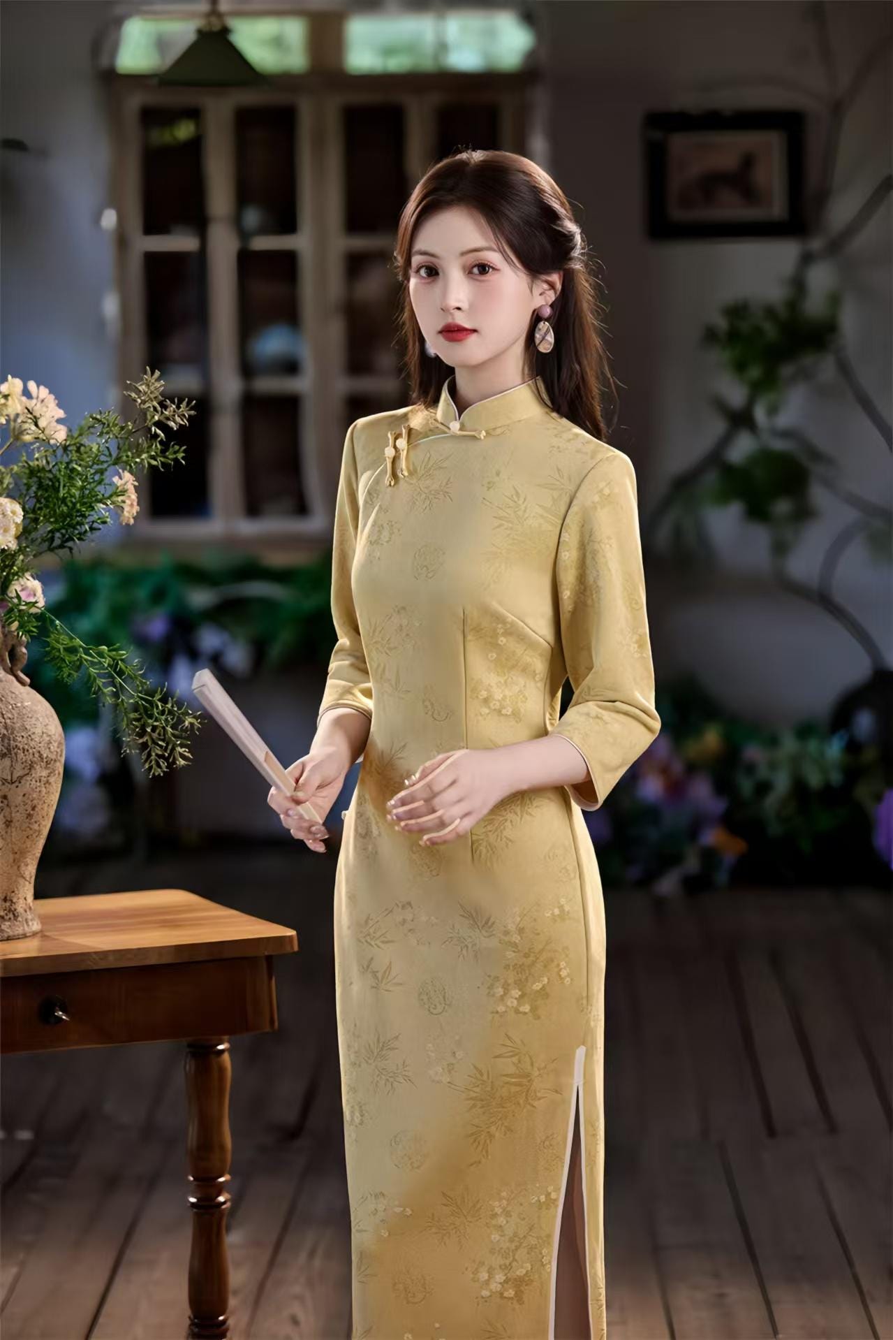 Long Cheongsam with Side Buttons, Faux Suede Velvet Qipao, Elegant Traditional Dress, Autumn Chinese Dress, Yellow