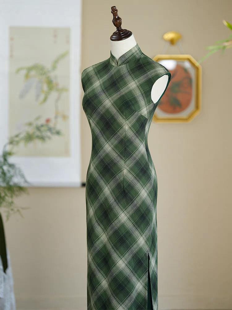 Cheongsam verde a cuadros, Vestido Qipao retro de algodón, Vestido chino vintage,  Vestido para Ceremonia del Té, regalo para ella