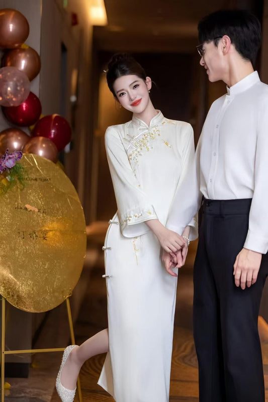 Vestido Qipao de Satén Blanco, Cheongsam Bordado de Perlas,Boda Oriental de Lujo, Elegante Vestido Midi Chino,Otoño Formal Asiático,regalo