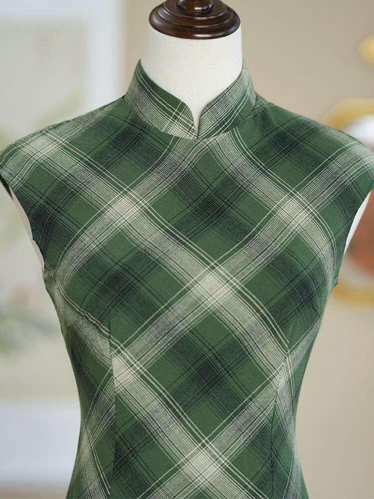 Cheongsam verde a cuadros, Vestido Qipao retro de algodón, Vestido chino vintage,  Vestido para Ceremonia del Té, regalo para ella
