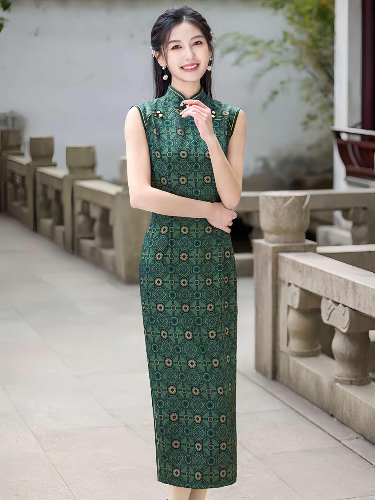 Qipao Chino Vintage,Vestido Cheongsam Retro Elegante,Vestido Qipao Estampado Verde,Qipao Estilo Tradicional,regalo cultural,Ceremonia del Té