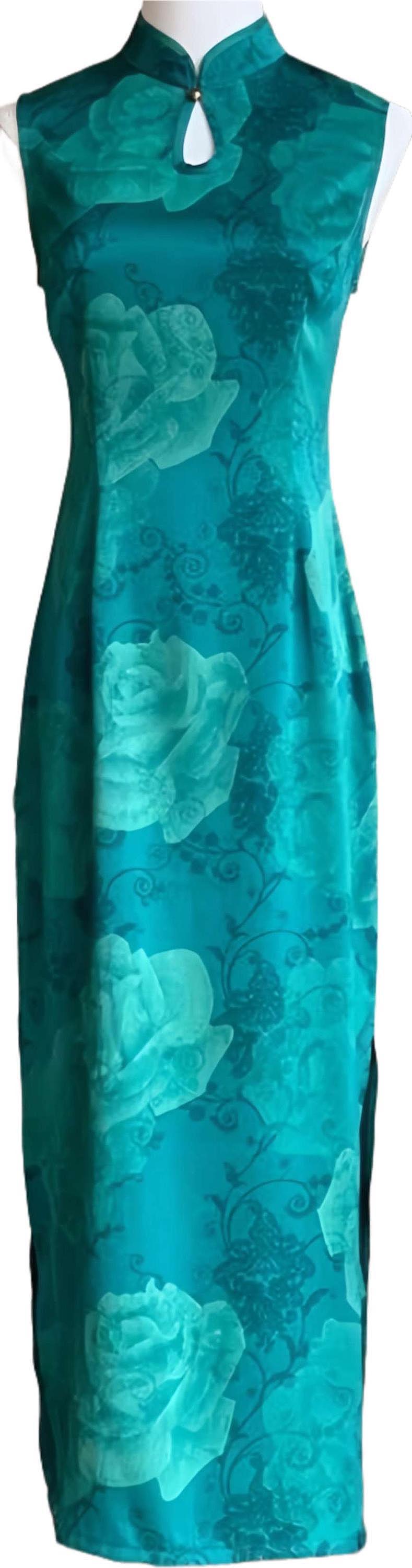 Vestido Qipao Verde Azulado Floral – Vestido Cheongsam Chino sin Mangas – Moda Oriental Tradicional – Vestido para Ceremonia de Té & Bodas