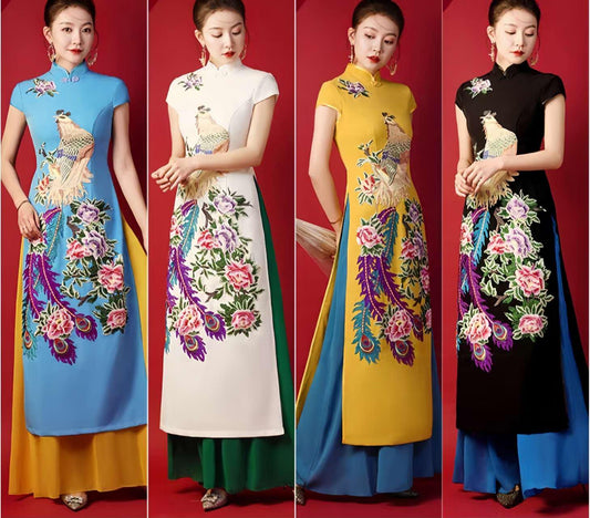 Vestido Ao Dai Qipao, Vestido Cheongsam Oriental, Vestido Bordado Pavo Real, Vestido de Noche Vintage Asiático, Vestido Estilo Vietnamita