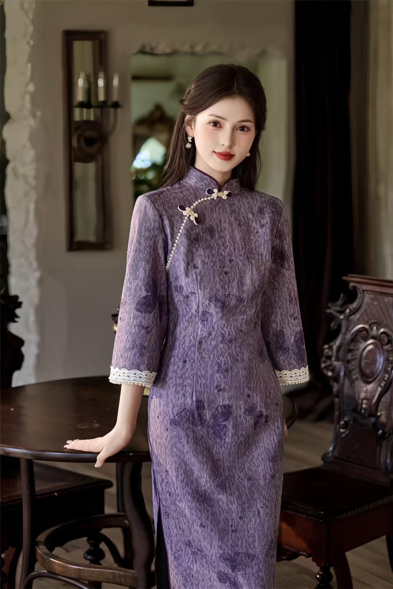 Vestido Qipao Jacquard Púrpura, Maxi Cheongsam Retro Chino, Elegante Vestido Largo Cuello Mandarín, Vestido de Noche Vintage Oriental,Veneno