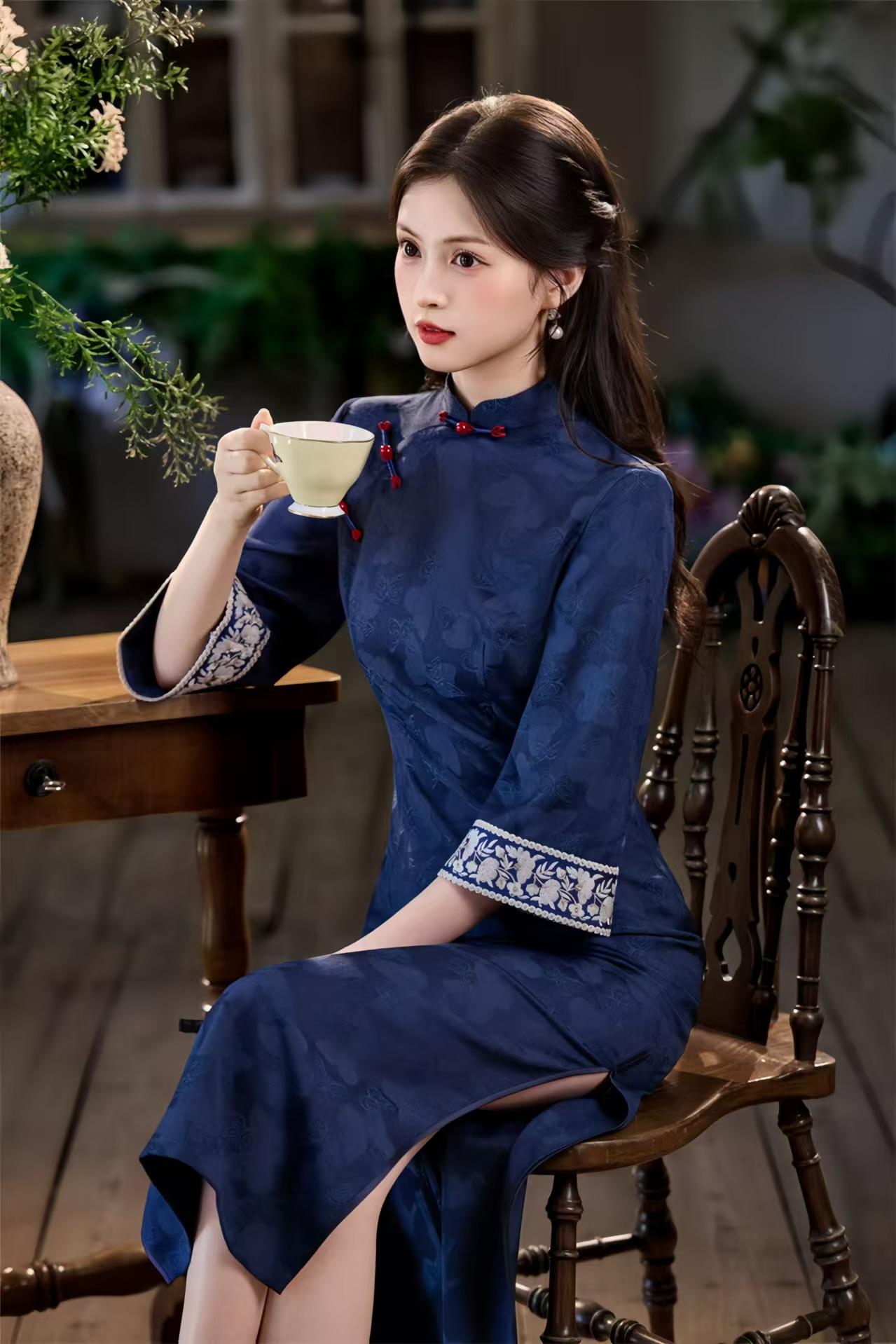 Vestido Qipao Vintage Jacquard,Maxi Cheongsam Retro Chino,Elegante Vestido de Noche con Cuello Mandarín,Estilo Asiático con Bordados,Regalo