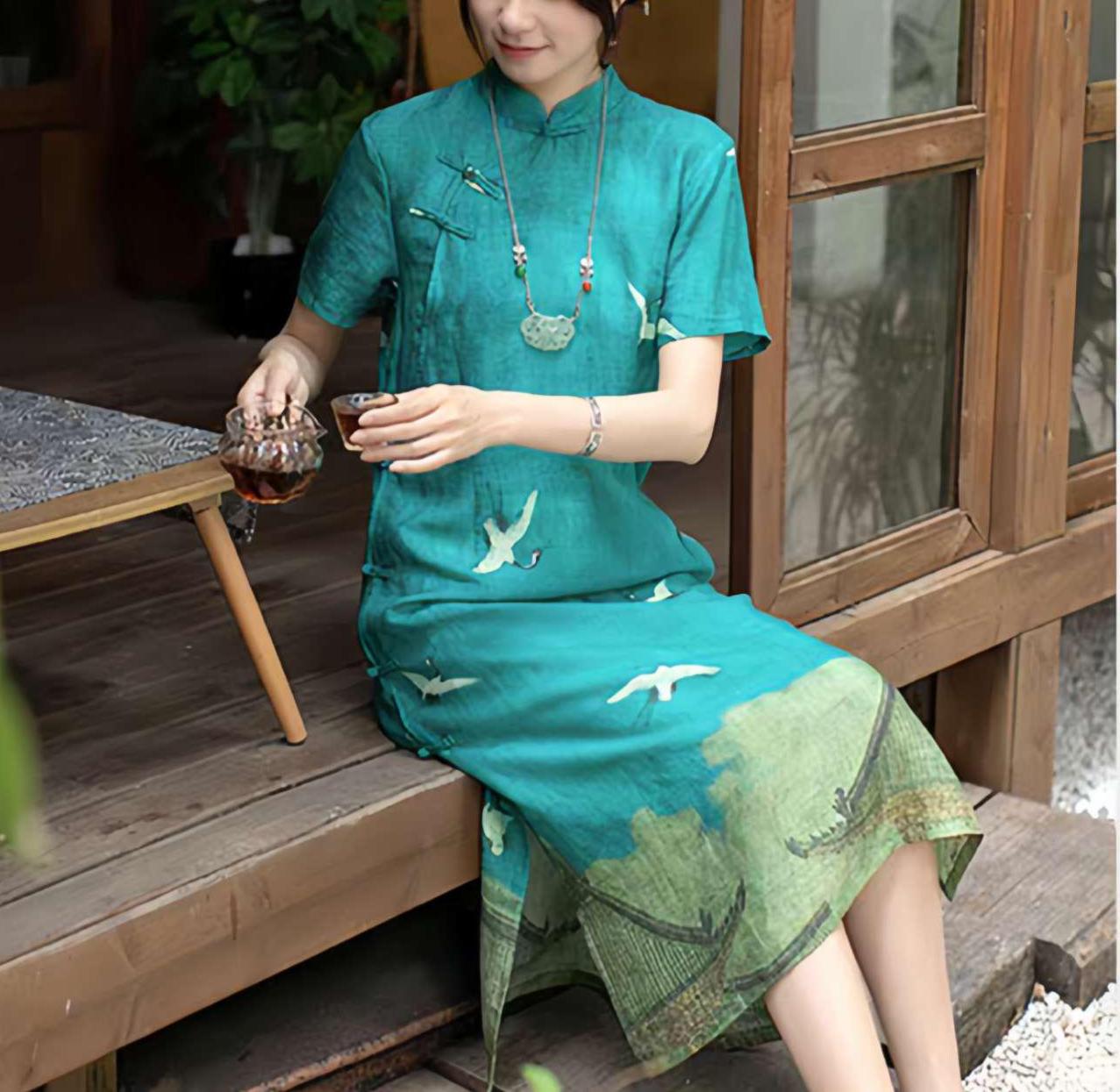 vestido Hanfu de lino chino, vestido largo estilo zen, vestido elegante con grullas  de lino, vestido bohemio oriental, regalo  para madre,