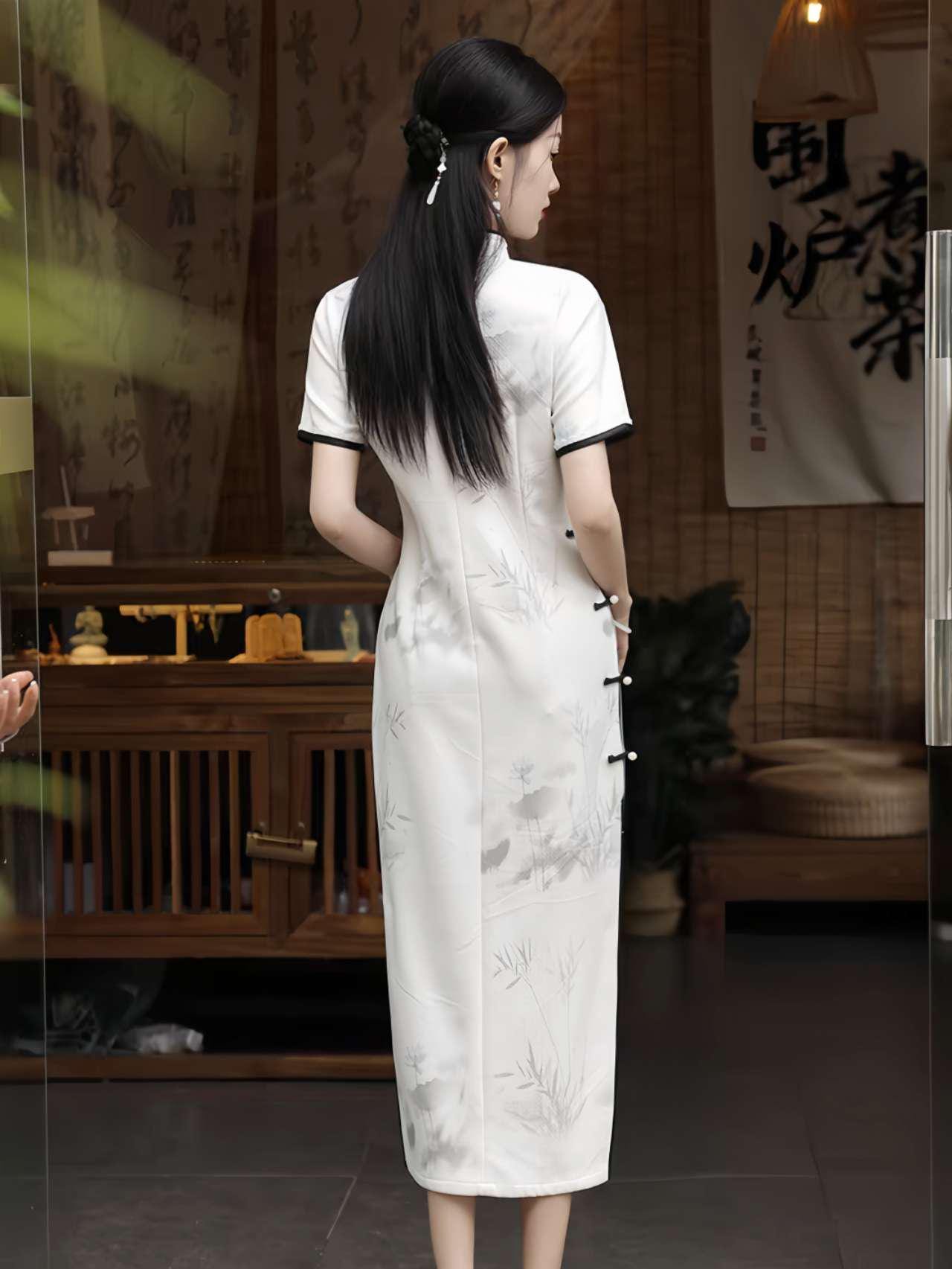 Paisaje Arte Cheongsam Vestido,Blanco Qipao,Vestido Chino para la Ceremonia del Té, Hanfu Estilo Maxi Cheongsam,Estilo Asiático Zen Vestido