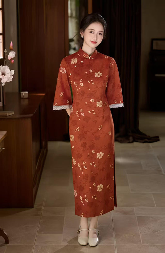 Vestido Qipao Rojo Vintage, Vestido Cheongsam de Ante, Elegante Vestido Midi Floral, Traje de Fiesta Estilo Chino, Cheongsam Otoño Invierno