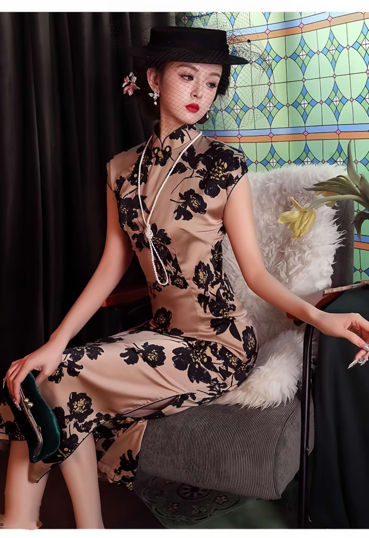 Retro Floral Qipao, Brown Cheongsam Dress, Elegant Vintage Qipao, Oriental Tea Party Dress, Wedding Guest Dress, Gift for Her