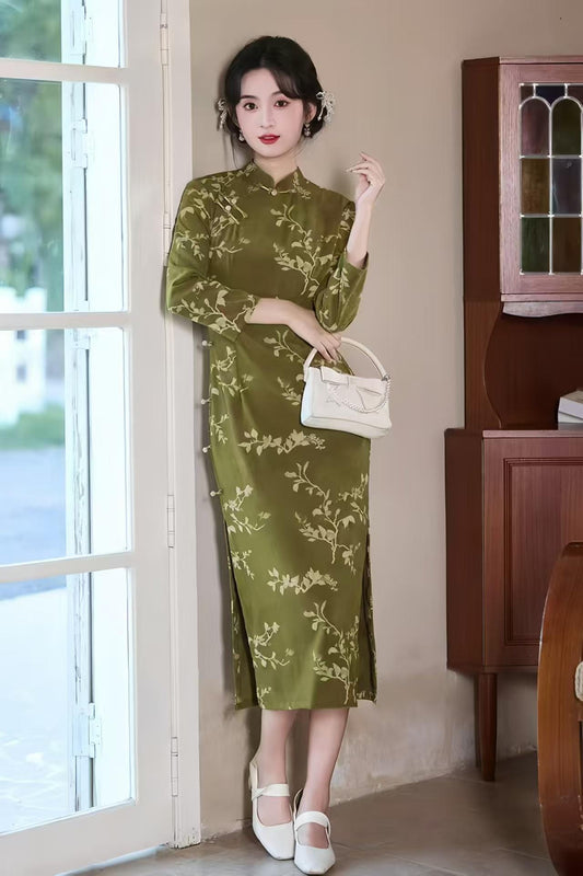 Green Qipao Dress, Autumn Cheongsam, Vintage Floral Suit, Long Sleeve, Formal Evening Party Wear, Traditional Chinese Fashion