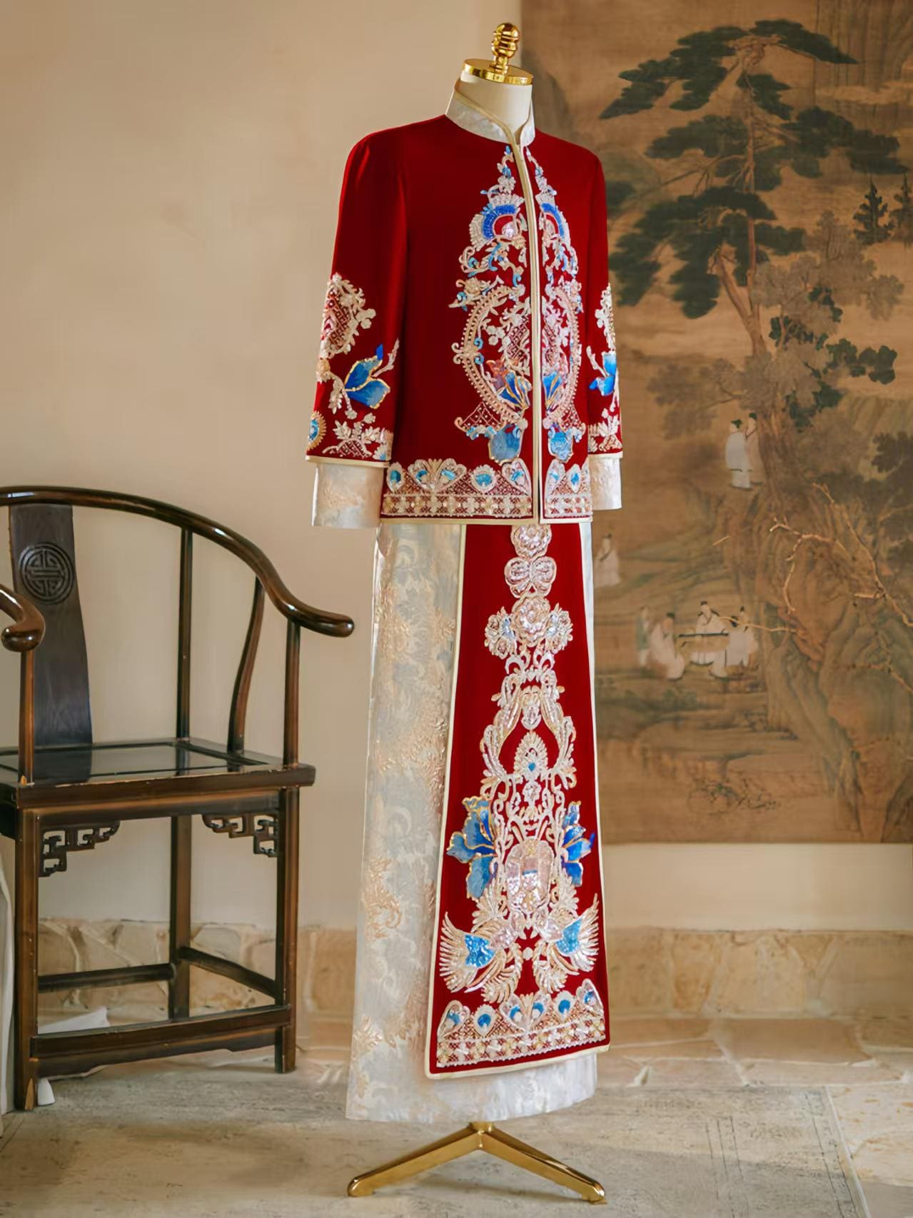 Luxury Chinese Wedding Robe, Vintage Red Silk Velvet Wedding Dress, Dragon Phoenix Embroidered Wedding Suit, Traditional Chinese Wedding
