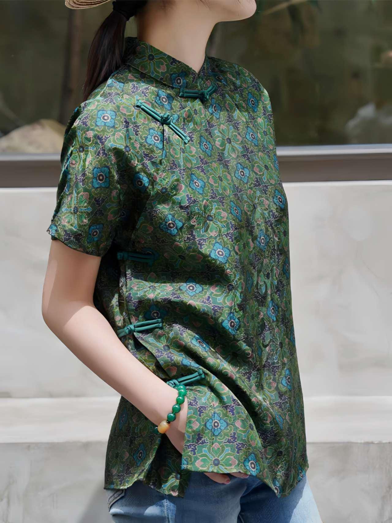 Camisa Verde China Tang,Top Vintage, Blusa Floral,Camisa Tradicional Botón Rana, Top Retro Verano,Moda Cultural Boho,Camisa étnica Statement
