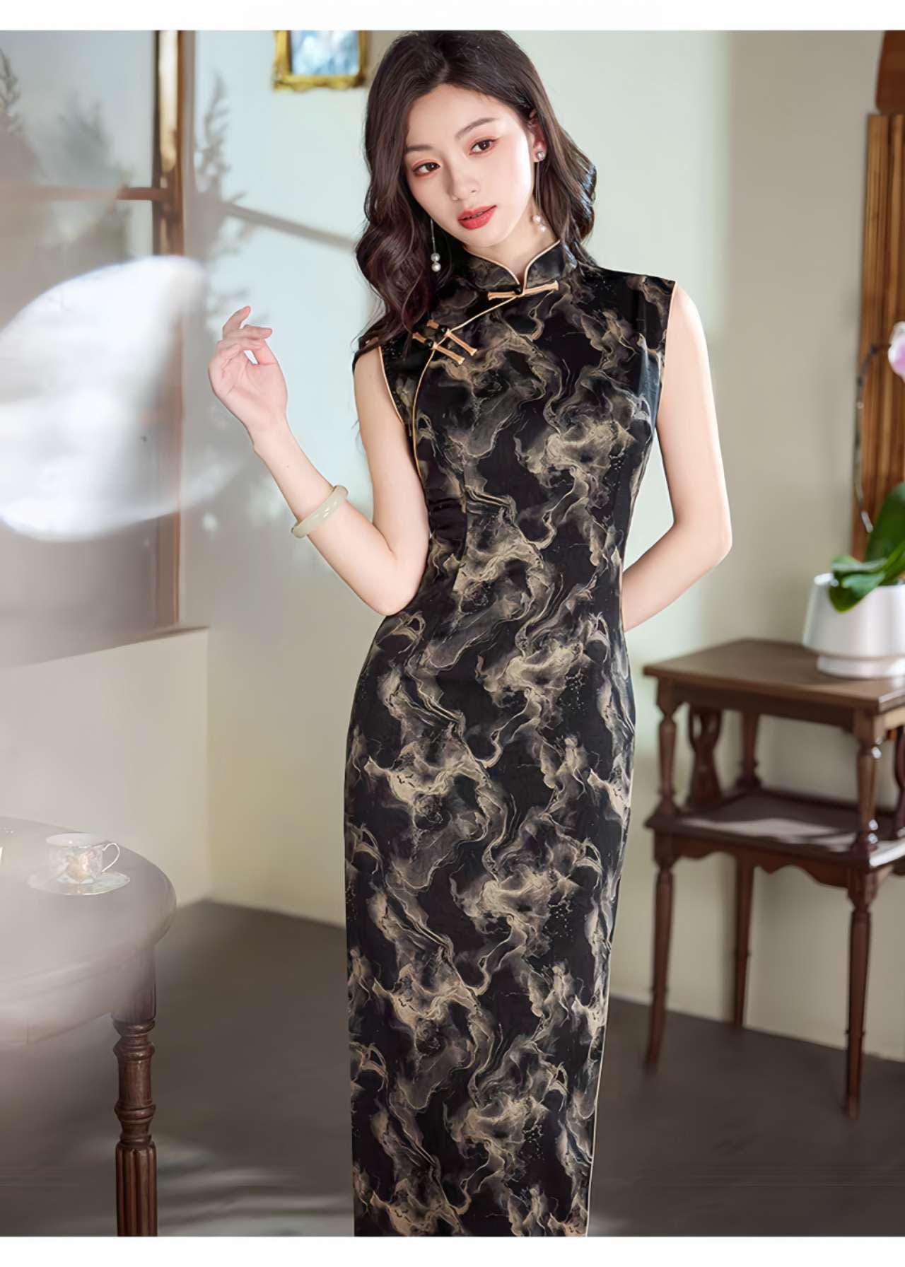 Cheongsam negro, Vestido de noche chino vintage, Regalo para ella, Vestido de cóctel oriental, Qipao formal, Vestido para Ceremonia del Té