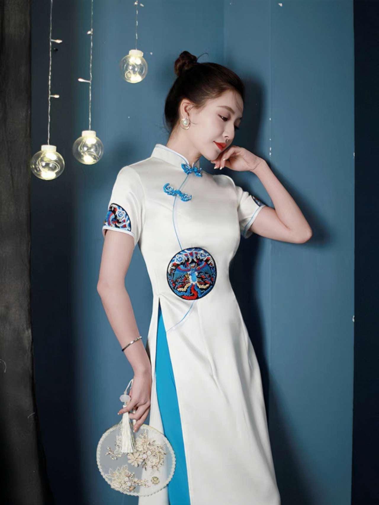 Elegante Cheongsam Blanco, Conjunto Qipao Chino, Vestido Panel Azul, Vestido de Noche Oriental, Vestido Largo, Vestido Ceremonia Cultural