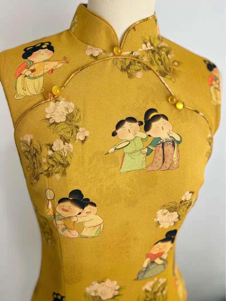 vestido cheongsam retro, qipao largo con dibujos chinos,vestido artístico estilo vintage, regalo para mamá,Vestido Vintage Elegante para Té