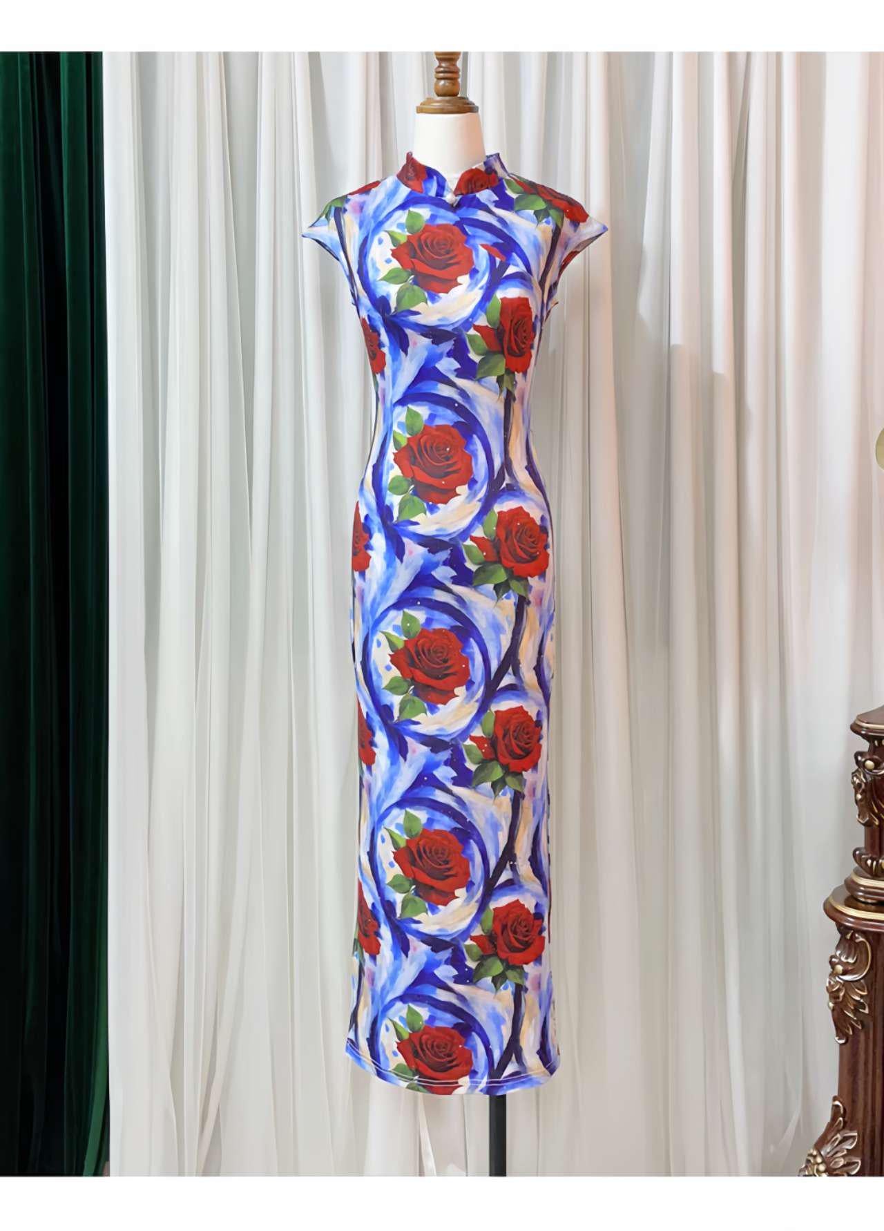 Vestido Qipao Estampado Rosa, Cheongsam Chino Floral,Vestido Rosa Rojo Abstracto, Qipao Moderno para Fiesta,Vestido Oriental Largo Azul Rojo