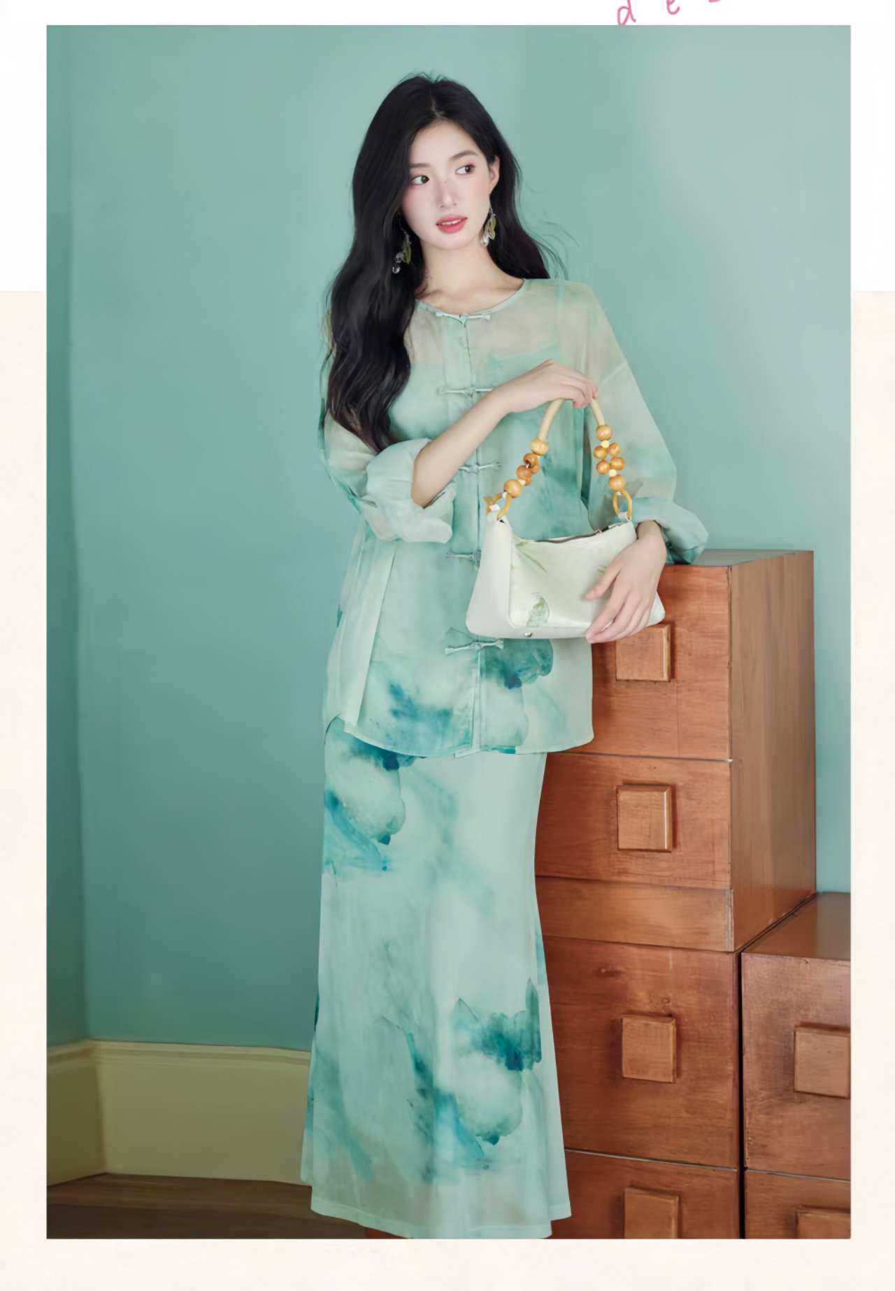 Elegante Conjunto Dos Piezas,Vestido Estilo Zen,Moderno Conjunto Hanfu,Conjunto Verano Oficina,Vestido Asiático Minimalista,Ceremonia del Té