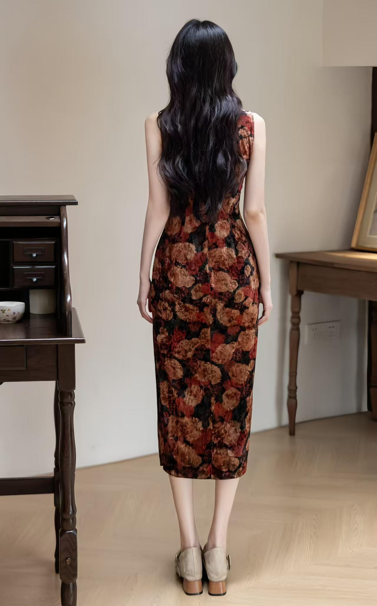 Vestido Qipao Terciopelo, Vestido Cheongsam Floral, Vestido Chino Otoño Invierno, Elegante Vestido Oriental Sin Mangas, Midi Qipao, regalo