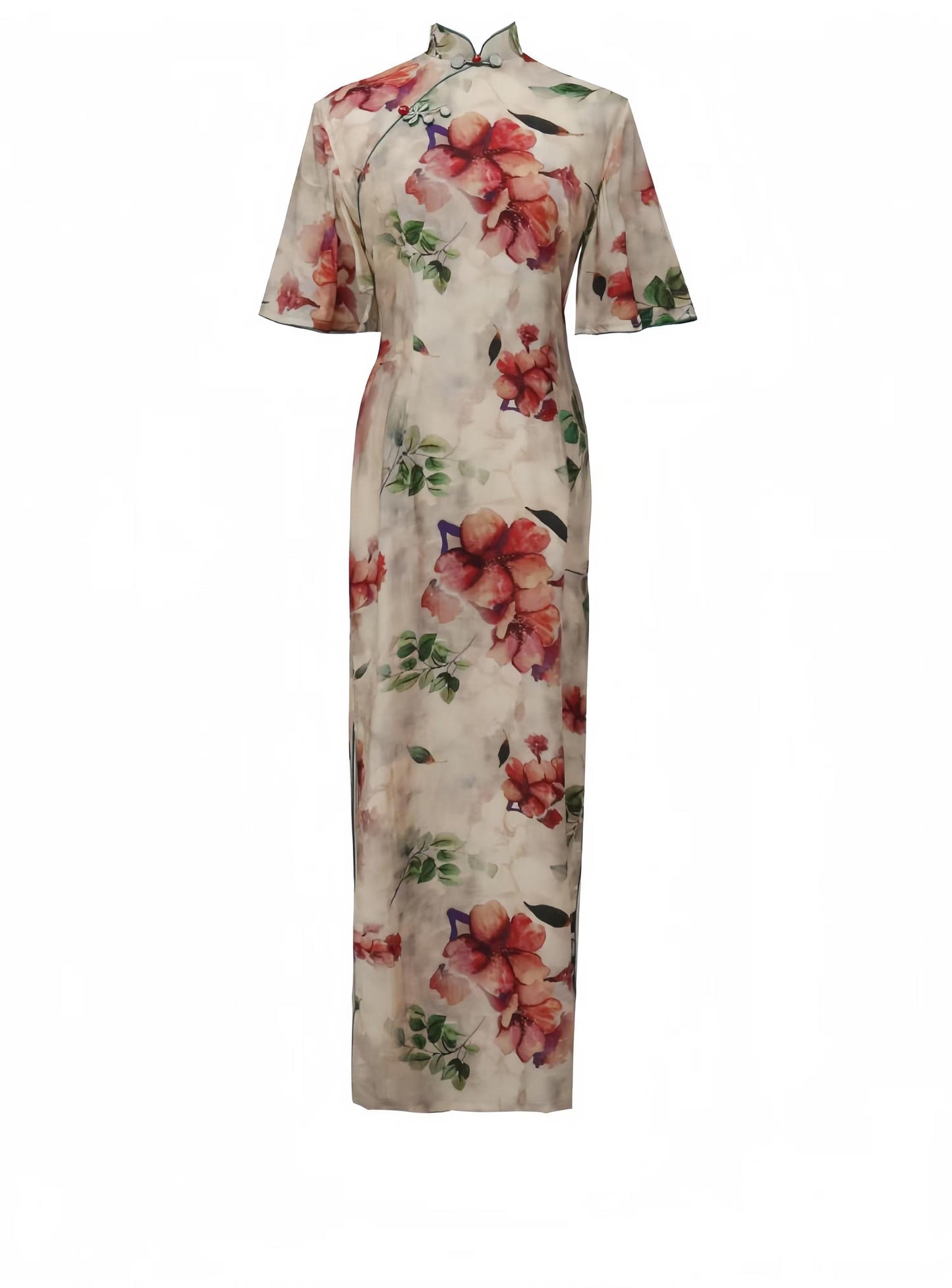 Vestido Qipao Floral de Seda y Lino, Maxi Vestido Largo Cheongsam,Vestido de Invitada de Boda Cultural Tradicional,Ceremonia del Té,Clásico