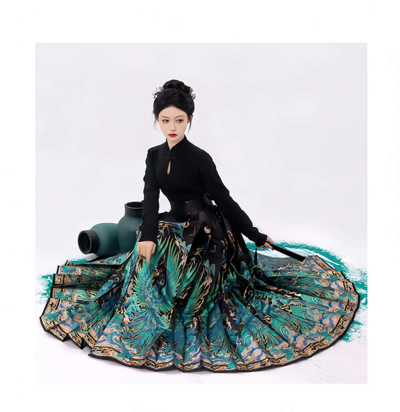 Falda Hanfu Pájaro Mítico, Maxi Falda China, Falda Plisada Cintura Alta, MaMianQun Estampada,Elegante Conjunto Festival,Hanfu Estilo Antiguo