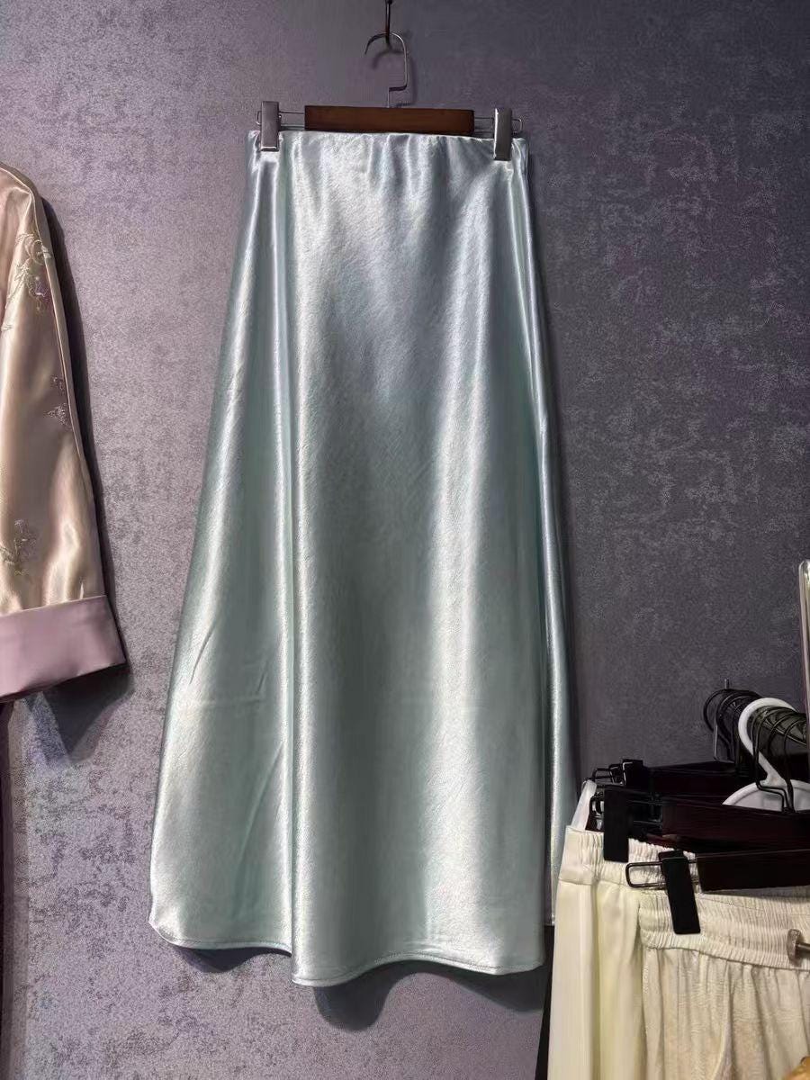 Falda Midi de Raso de Seda, Falda de Acetato con Dobladillo de Sirena, Elegante Maxi Falda Minimalista, Falda Estilo Parisino Intemporal